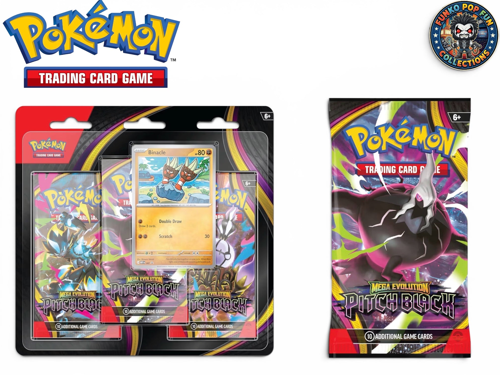 Pokémon TCG: Mega Evolution—Pitch Black Triple Pack 1 Foil Promo Card & 3 Booster Packs.
