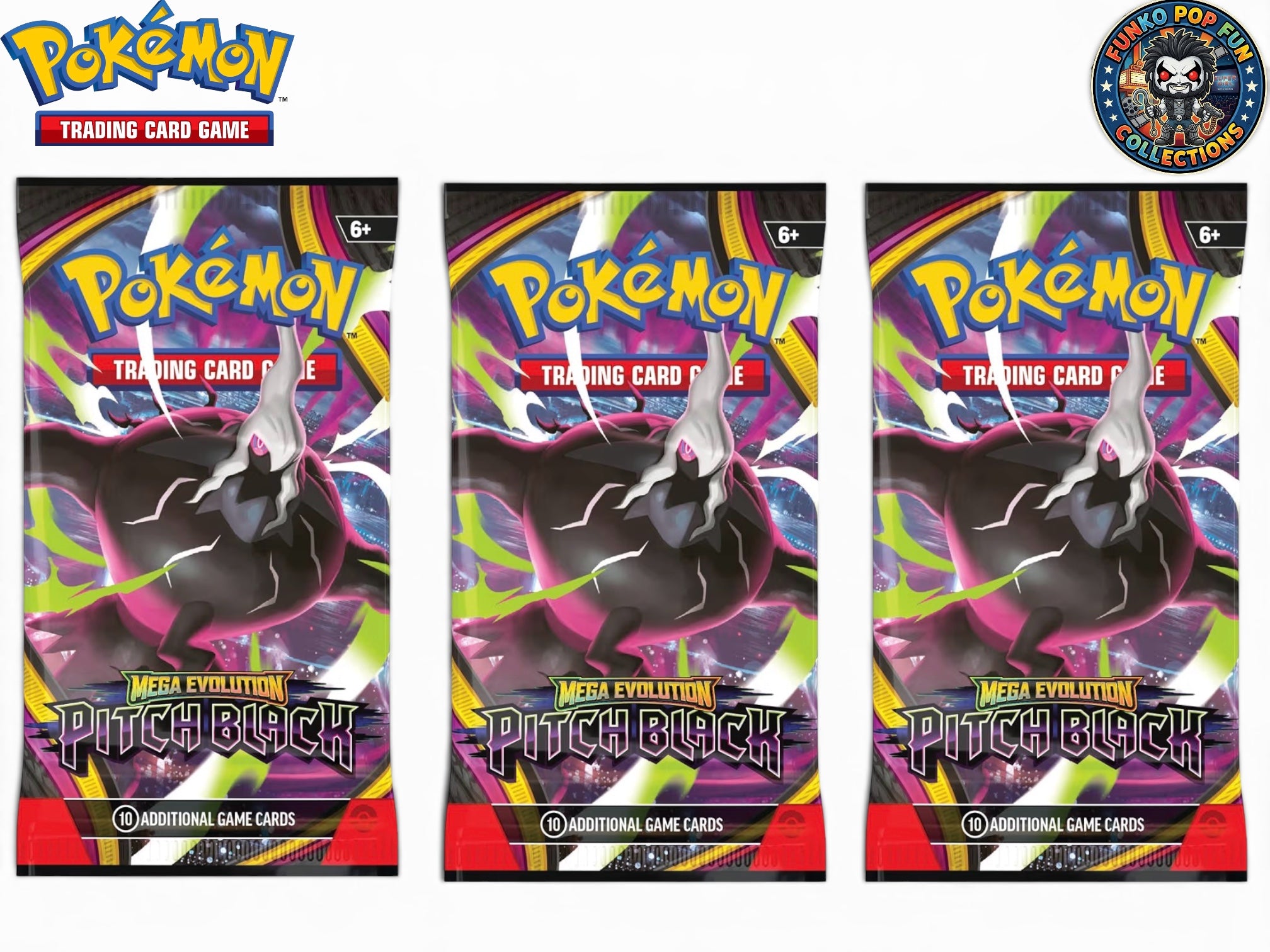 Pokémon TCG: Mega Evolution—Pitch Black Triple Pack 1 Foil Promo Card & 3 Booster Packs.