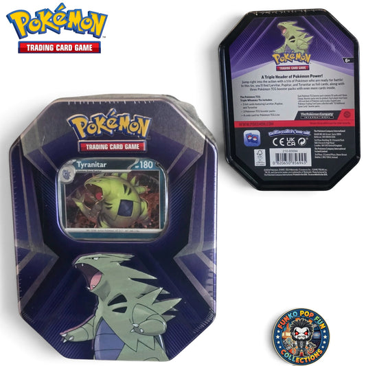 Pokemon TCG, Tyranitar Triple Whammy Collectors Tin, Exclusive Signed Card & Factory Sealed.