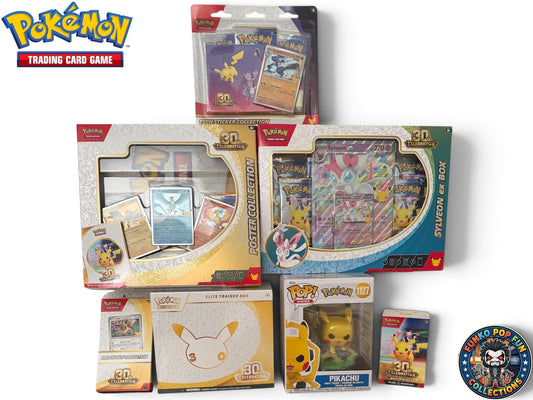 Super Mega Deal 30th Celebration Pokemon Offer of 7 Items - Inducing over 27 Booster Pack’s.